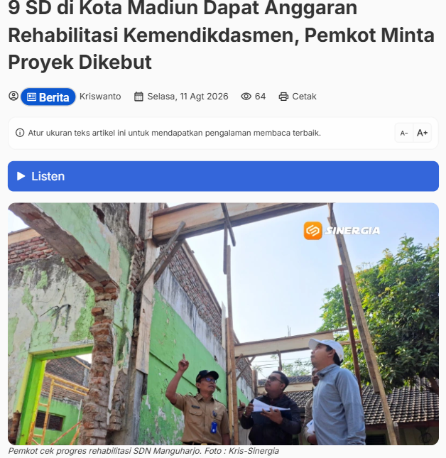 9 SD di Kota Madiun Dapat Anggaran Rehabilitasi Kemendikdasmen, Pemkot Minta Proyek Dikebut