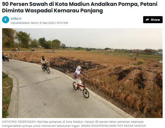 90 Persen Sawah di Kota Madiun Andalkan Pompa, Petani Diminta Waspadai Kemarau Panjang