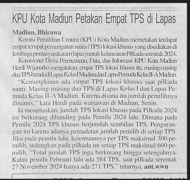 KPU Kota Madiun Petakan Empat TPS di Lapas