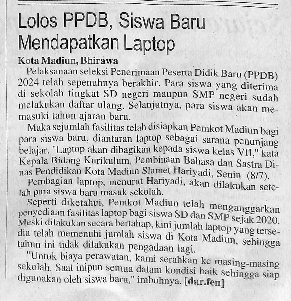 Lolos PPDB, Siswa Baru Mendapatkan Laptop