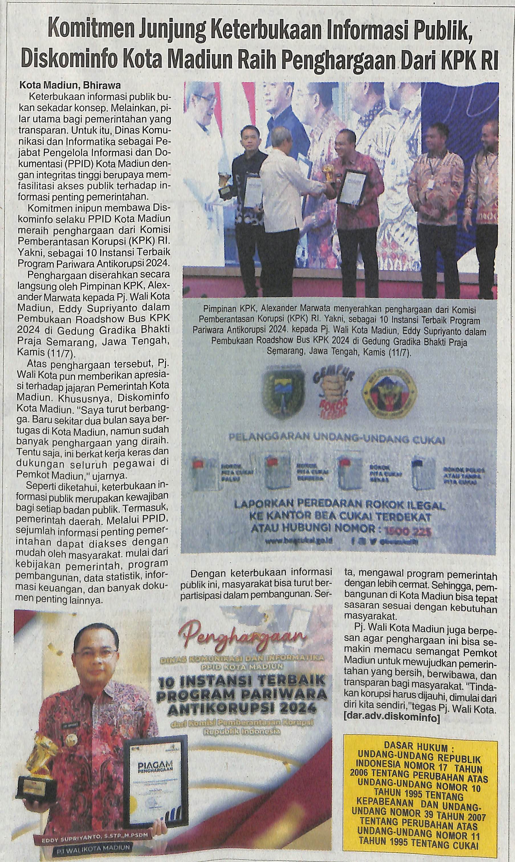 Komitmen Junjung Keterbukaan Informasi Publik, Diskominfo Kota Madiun Raih Penghargaan dari KPK RI
