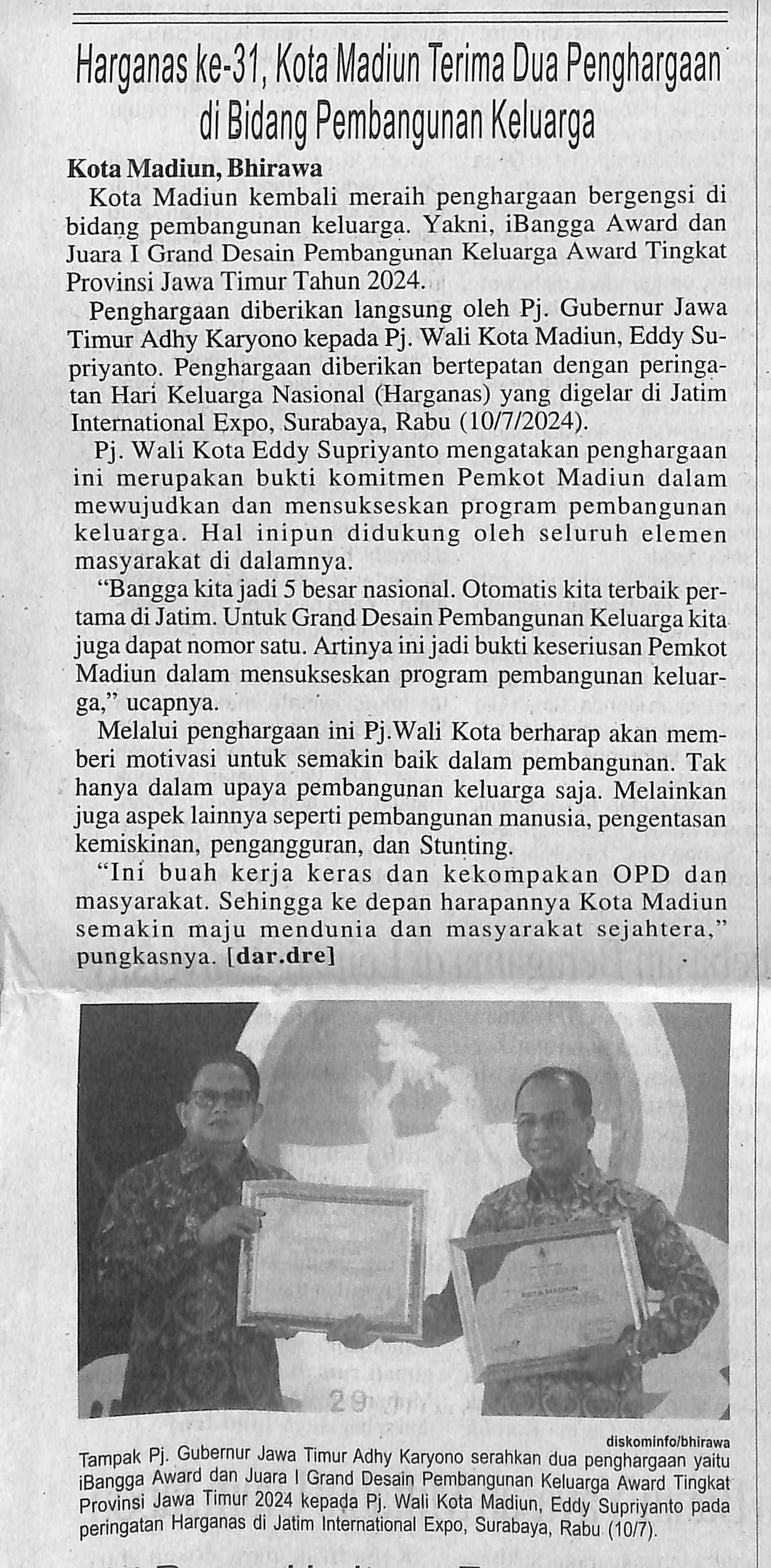 Harganas Ke-32, Kota Madiun Terima Dua Penghargaan di Bidang Pembangunan Keluarga