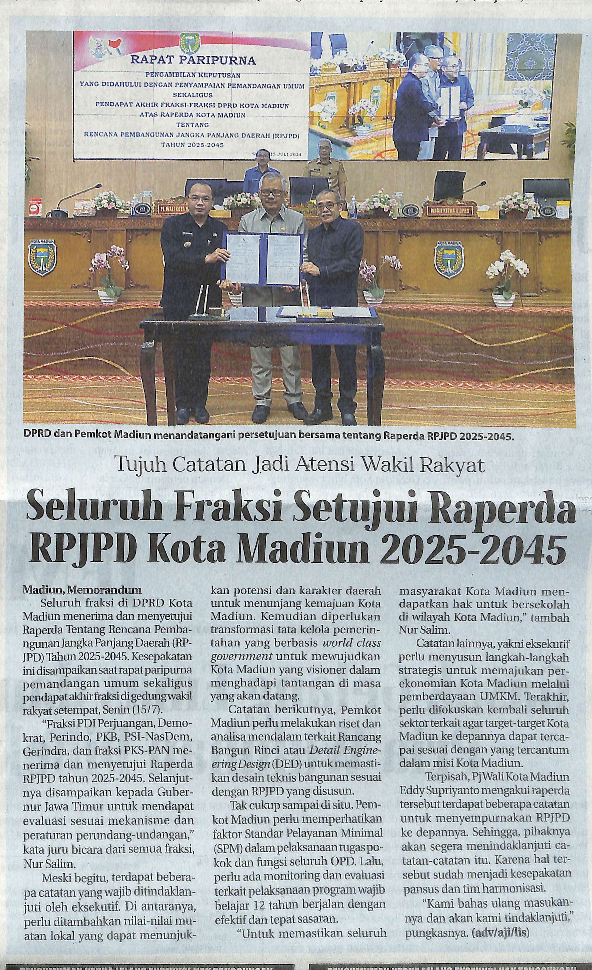 Tujuh Catatan Jadi Atensi Wakil Rakyat, Seluruh Frkasi Setujui Raperda RPJPD Kota Madiun 2025-2045