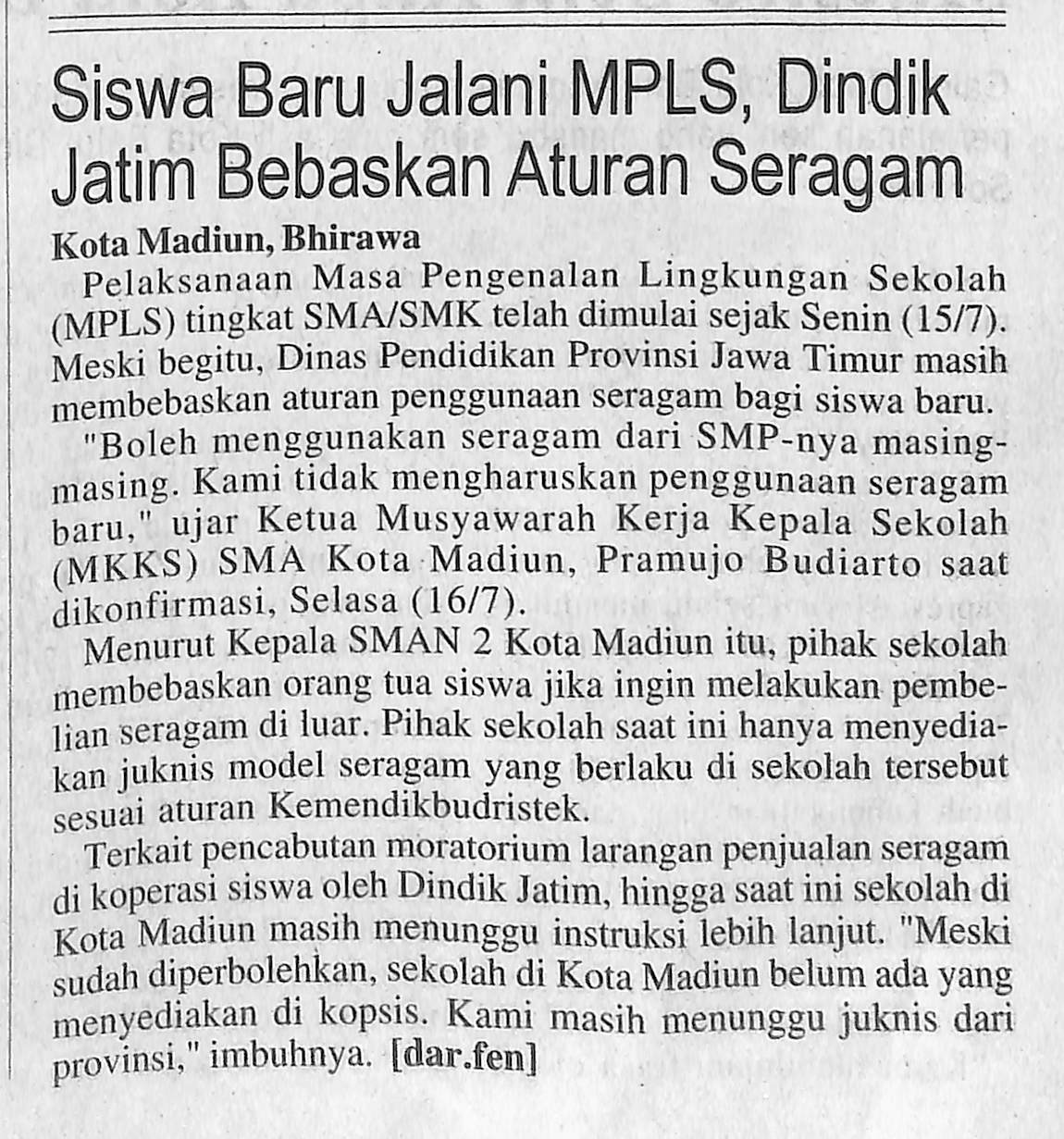 Siswa Baru Jalani MPLS, Dindik Jatim Bebaskan Aturan Seragam