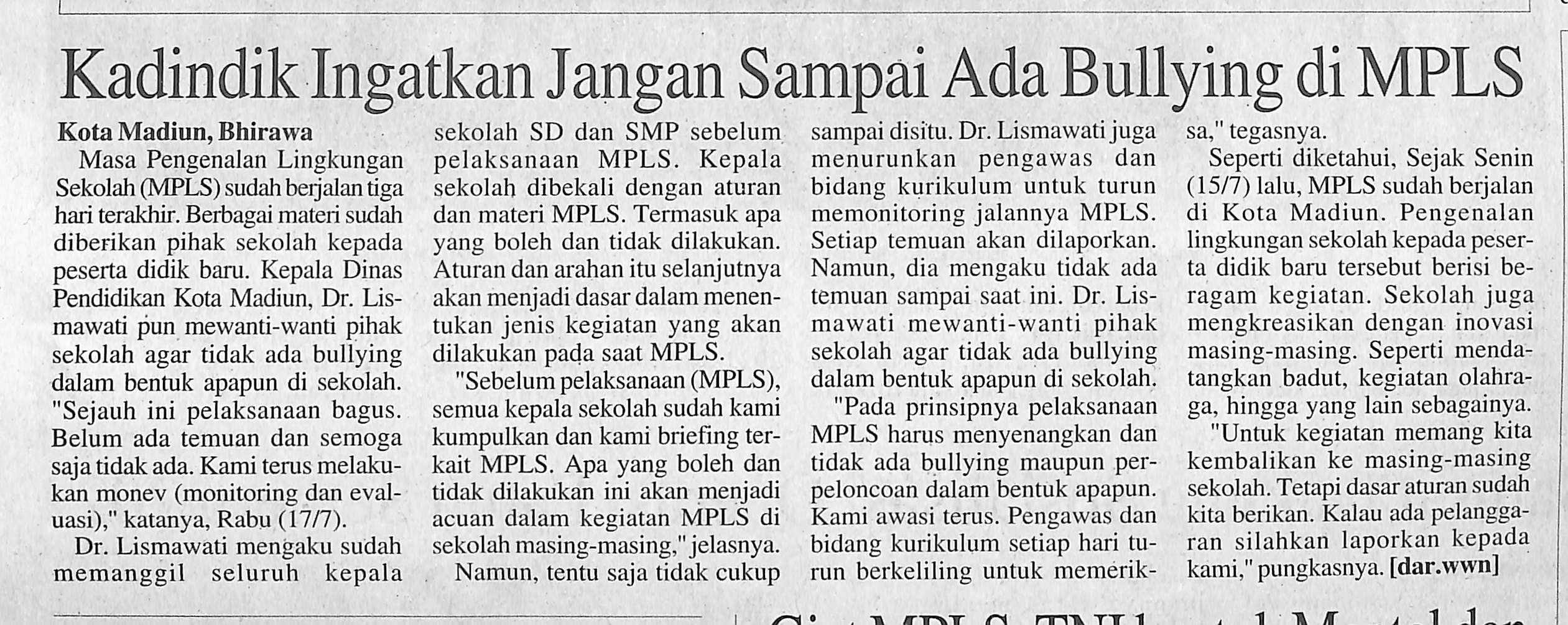 Kadindik Ingatkan Jangan Sampai Ada Bullying di MPLS