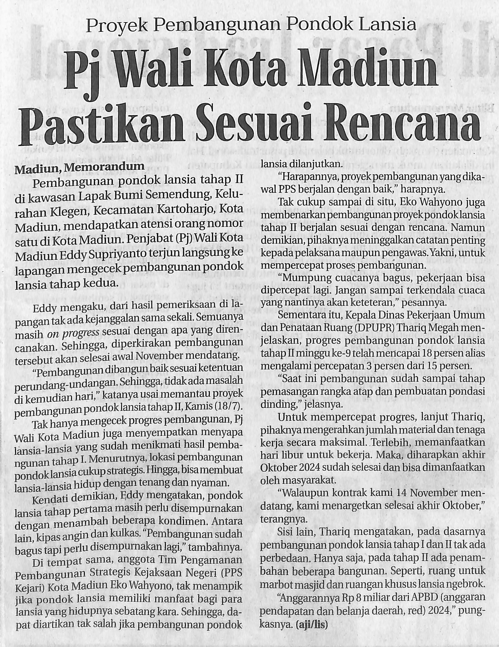 Proyek Pembangunan Pondok Lansia, Pj Wali Kota Madiun Pastikan Sesuai Rencana
