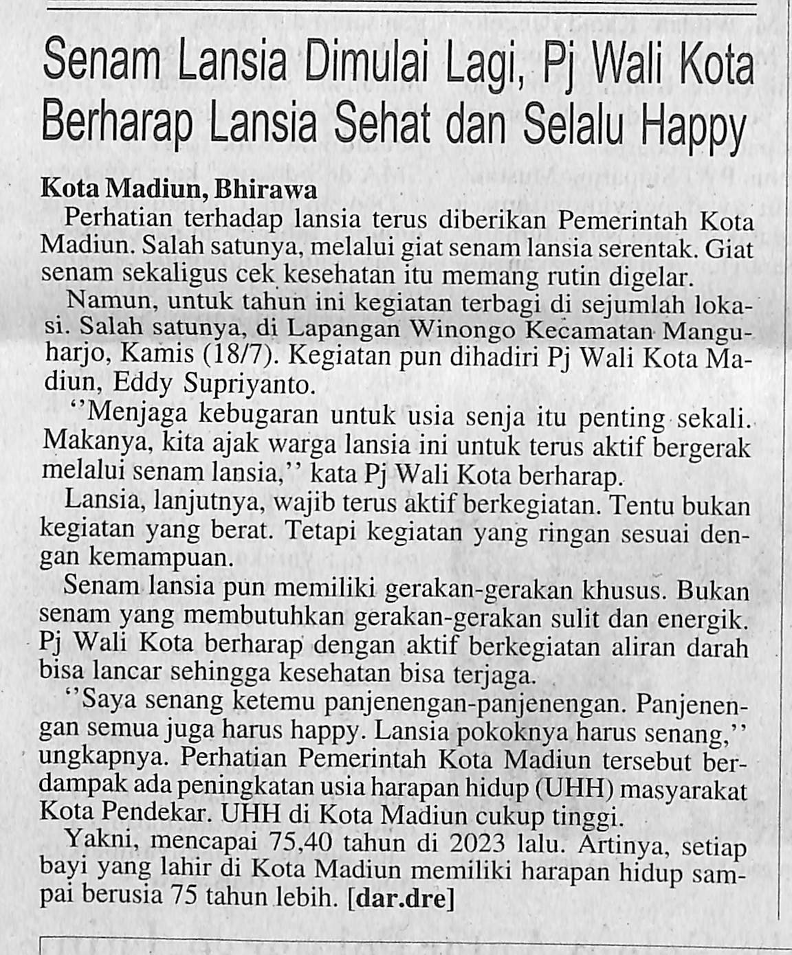 Senam Lansia Dimulai Lagi, Pj Wali Kota Berharap Lansia Sehat dan Selalu Happy