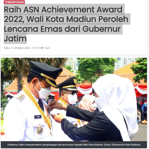 Raih ASN Achievement Award 2022, Wali Kota Madiun Peroleh Lencana Emas dari Gubernur Jatim