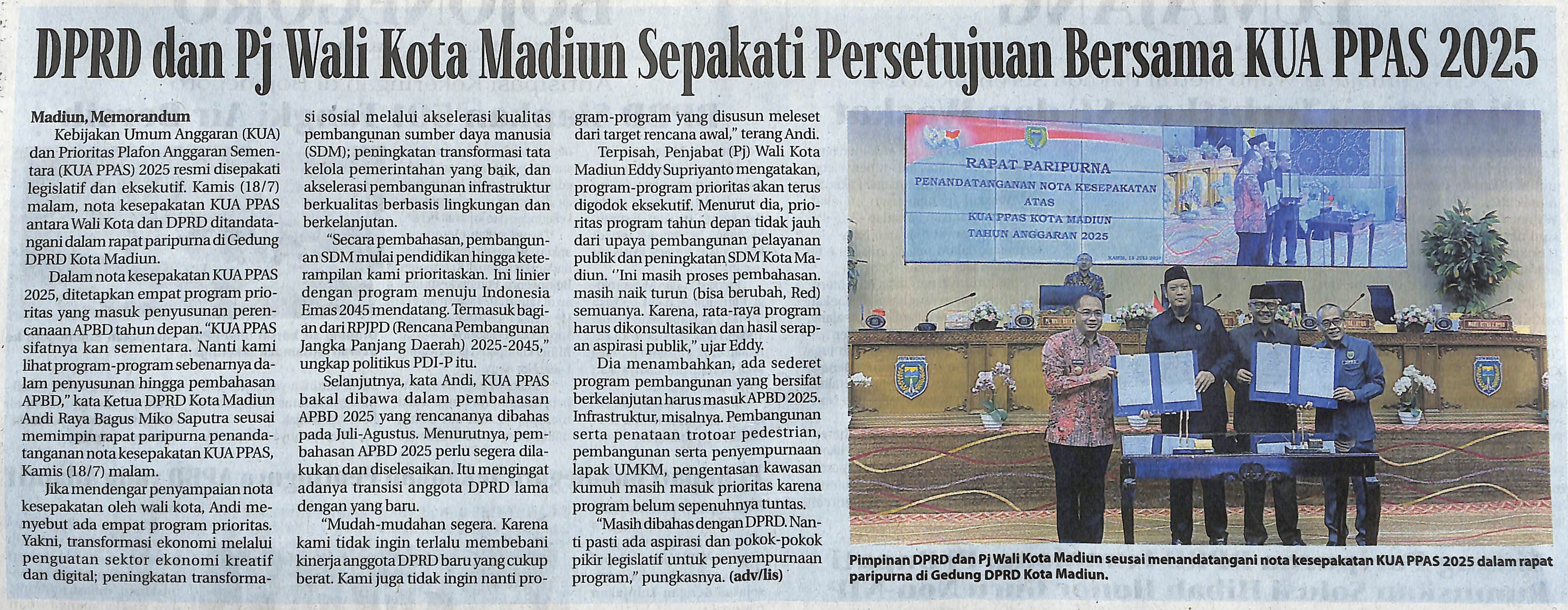 DPRD dan Pj Wali Kota Madiun Sepakati Persetujuan Bersama KUA PPAS 2025