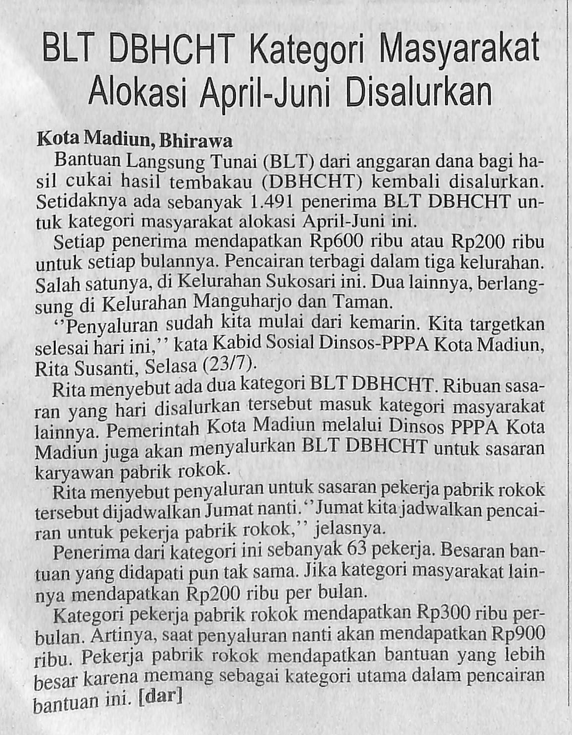 BLT DBHCHT Kategori Masyarakat Alokasi April-Juni Disalurkan