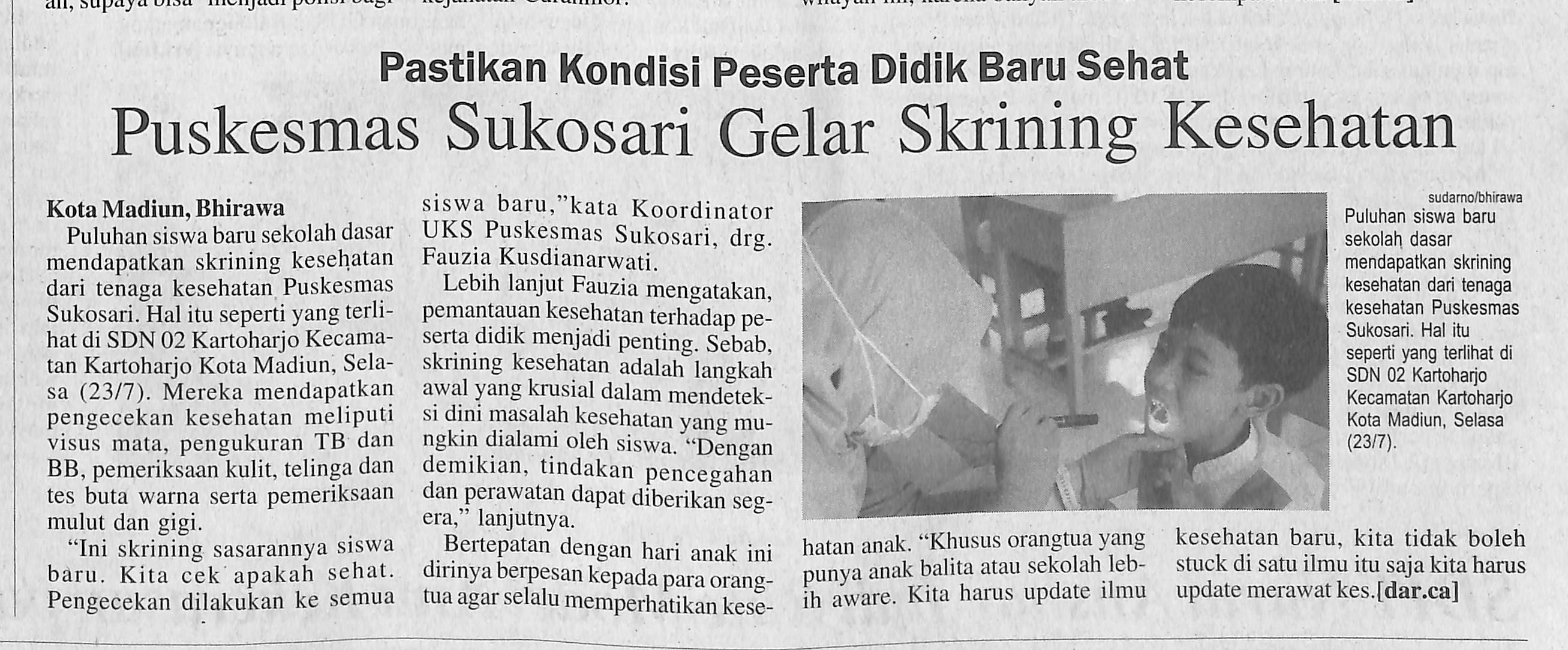 Pastikan Kondisi Peserta Didik Baru Sehat, Puskesmas Sukosari Gelar Skrining Kesehatan