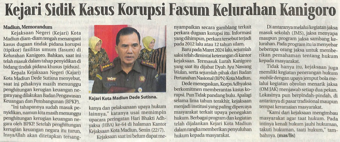 Kejari Sidik Kasus Korupsi Fasum Kelurahan Kanigoro