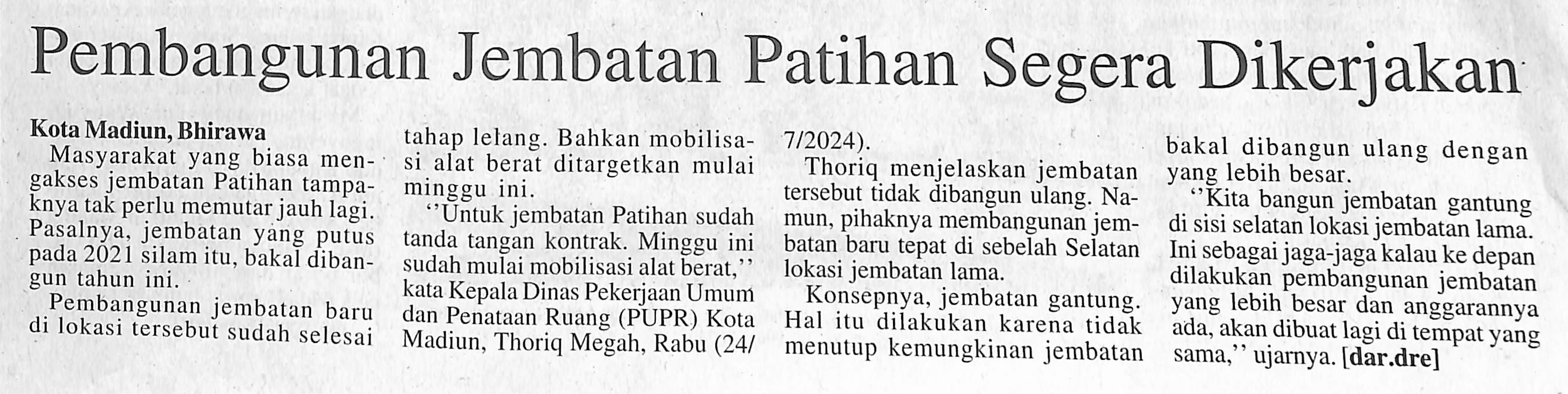 Pembangunan Jembatan Patihan Segera Dikerjakan