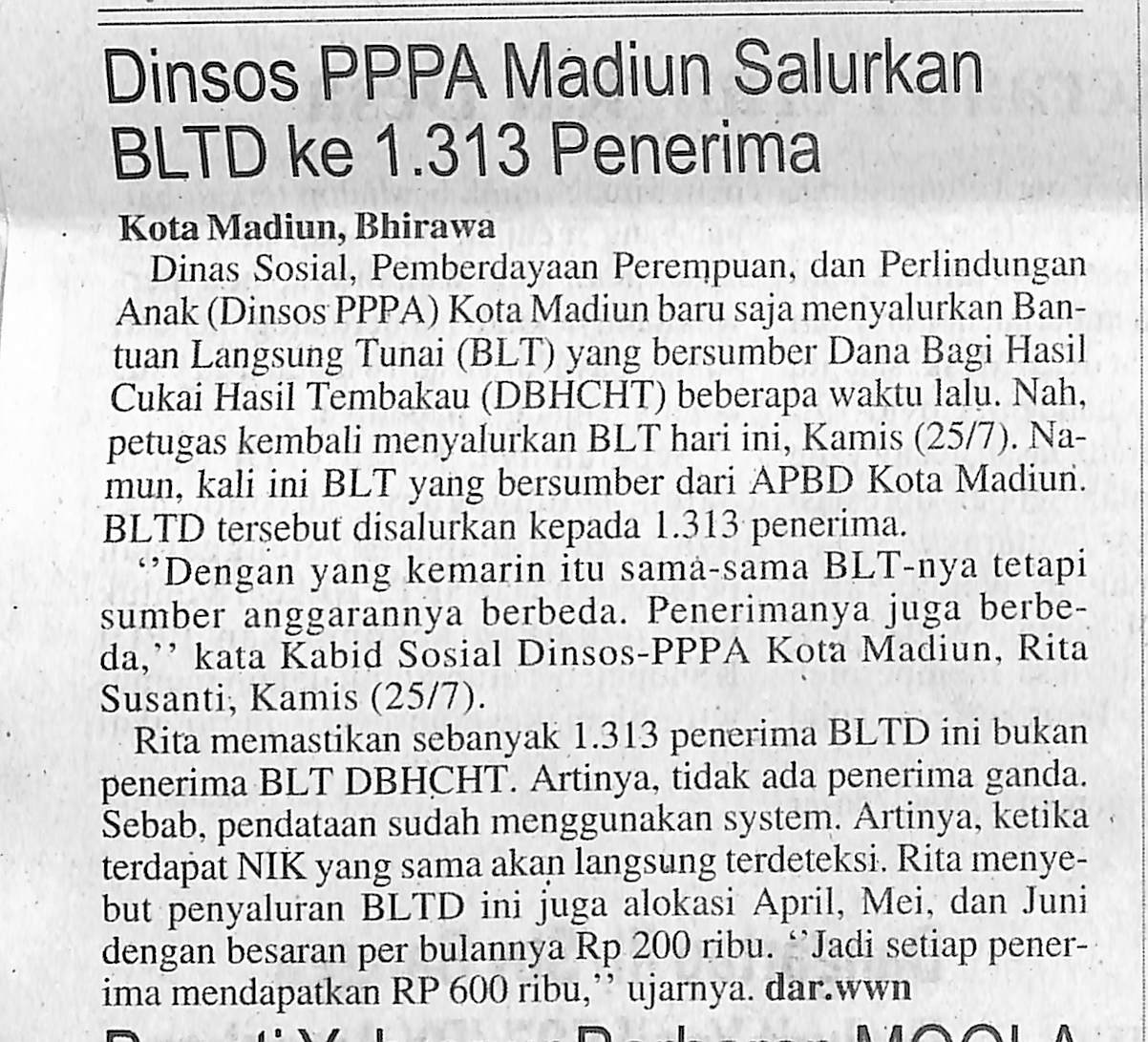 Dinsos PPPA Madiun Salurkan BLTD ke 1.313 Penerima