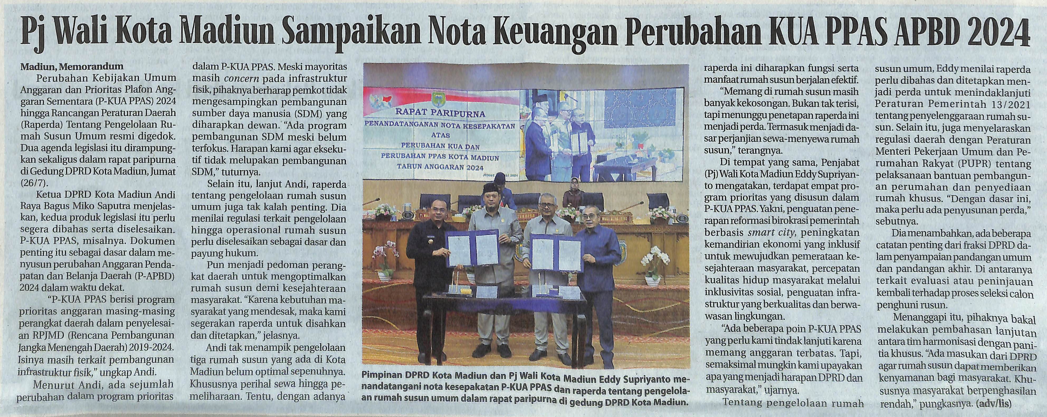 Pj Wali Kota Madiun Sampaikan Nota Keuangan Perubahan KUA PPAS APBD 2024