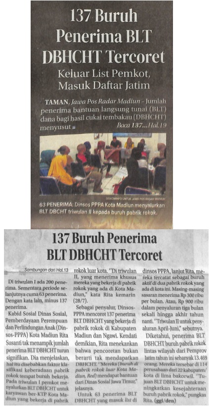 137 Buruh Penerima BLT DBHCHT Tercoret, Keluar List Pemkot, Masuk Daftar Jatim