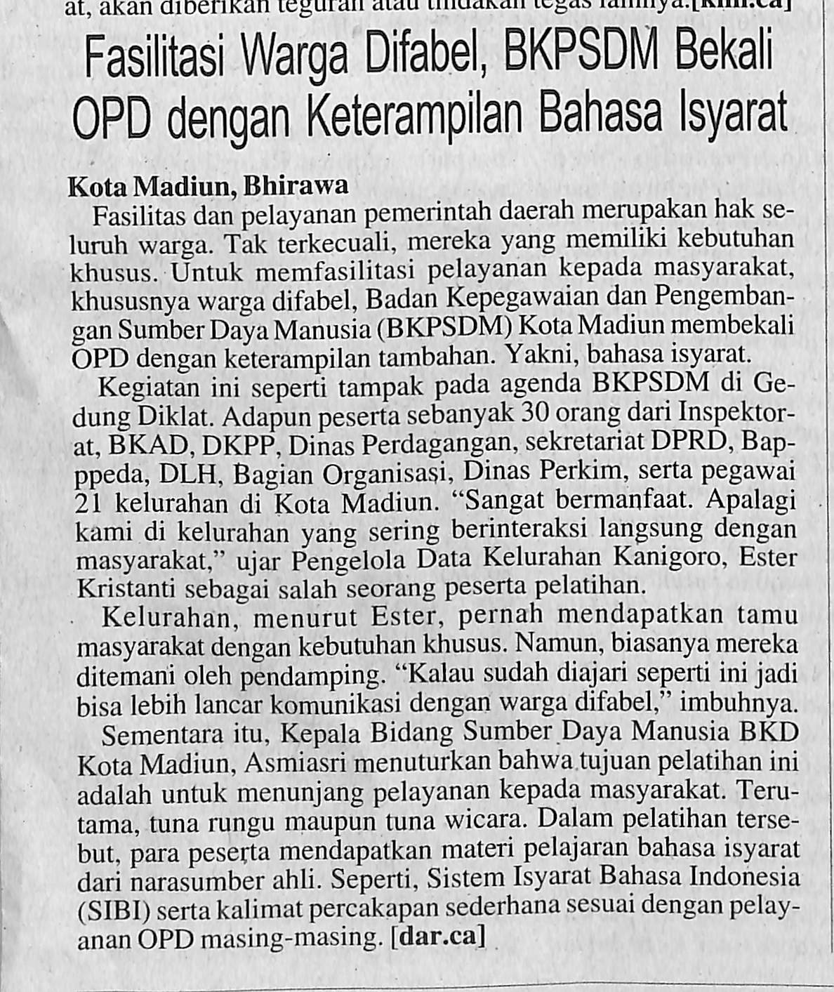 Fasilitasi Warga Difabel, BKPSDM Bekali OPD dengan Keteramilan Bahasa Isyarat