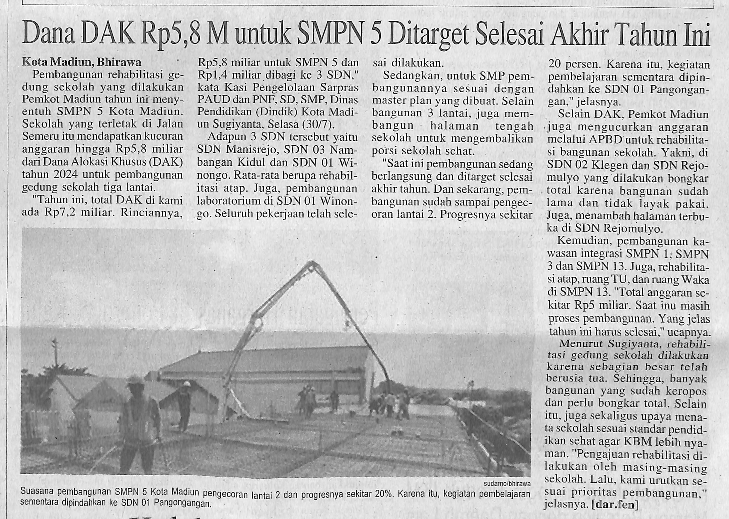 Dana DAK Rp 5,8 M untuk SMPN 5 Ditarget Selesai Akhir Tahun Ini