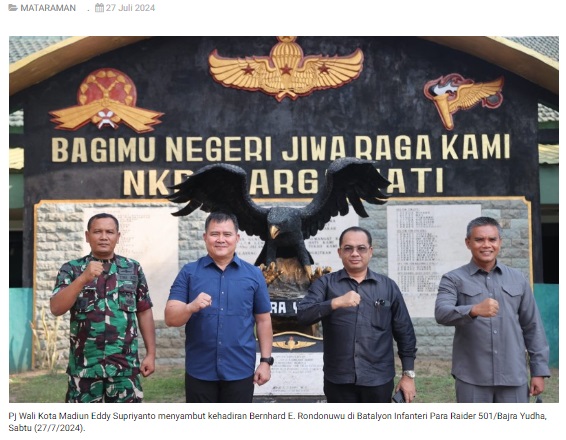 Sambut Kedatangan Direktur Pol PP dan Linmas Kemendagri, Pj Wali Kota Madiun : Apresiasi Batalyon Infanteri Para Raider 501