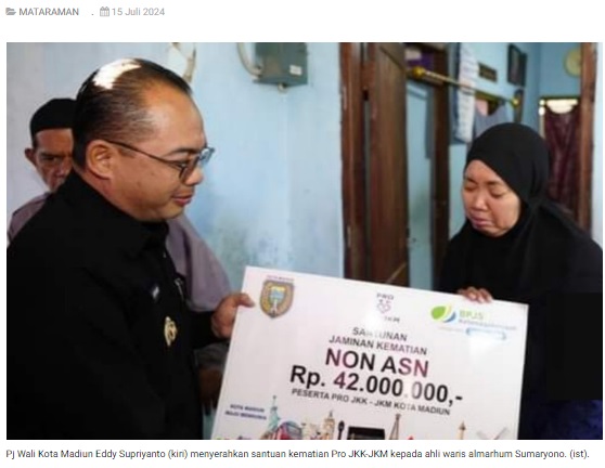 Pj Wali Kota Madiun Salurkan Santunan Pro JKK-JKM Untuk Ahli Waris Modin Yang Meninggal Dunia