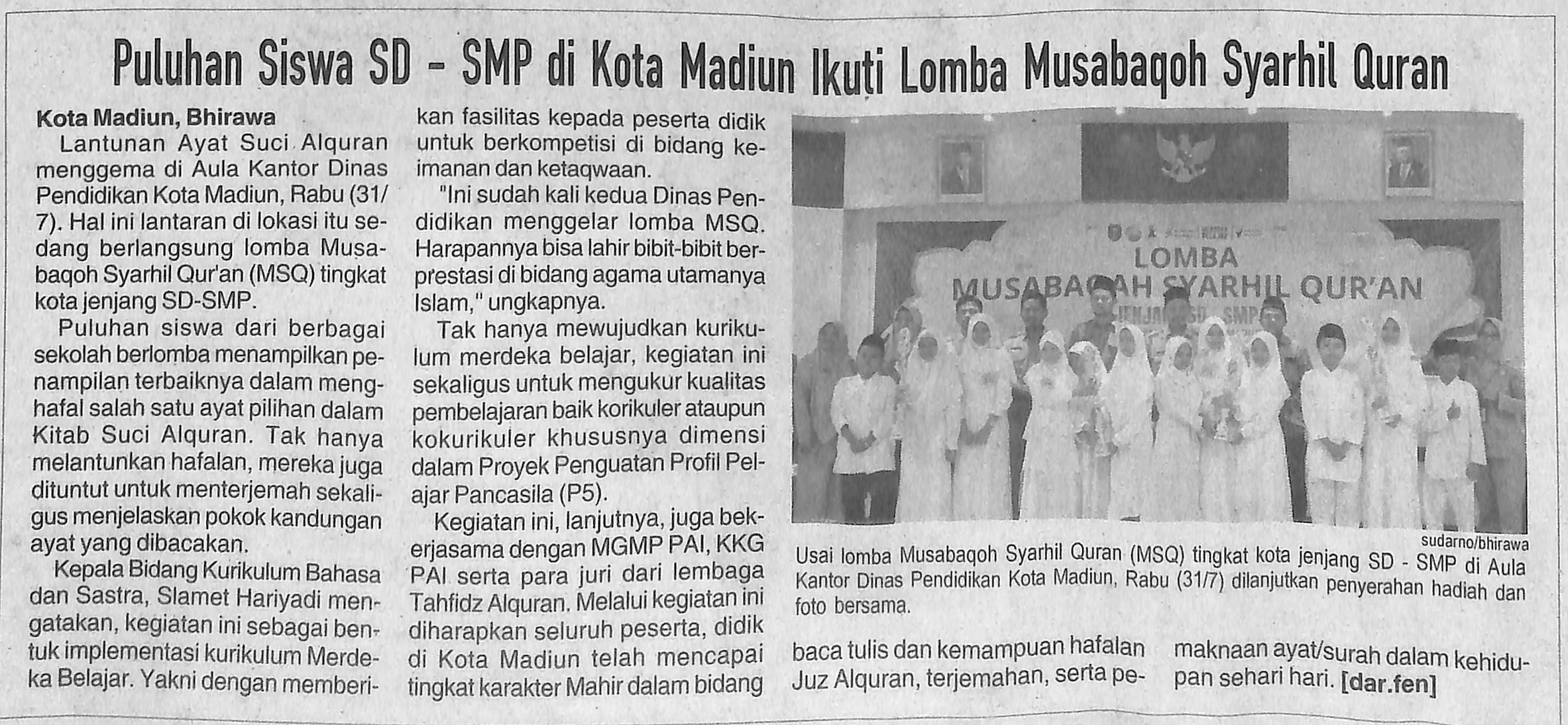 Puluhan Siswa SD - SMP di Kota Madiun Ikuti Lomba Musabaqoh Syarhil Quran