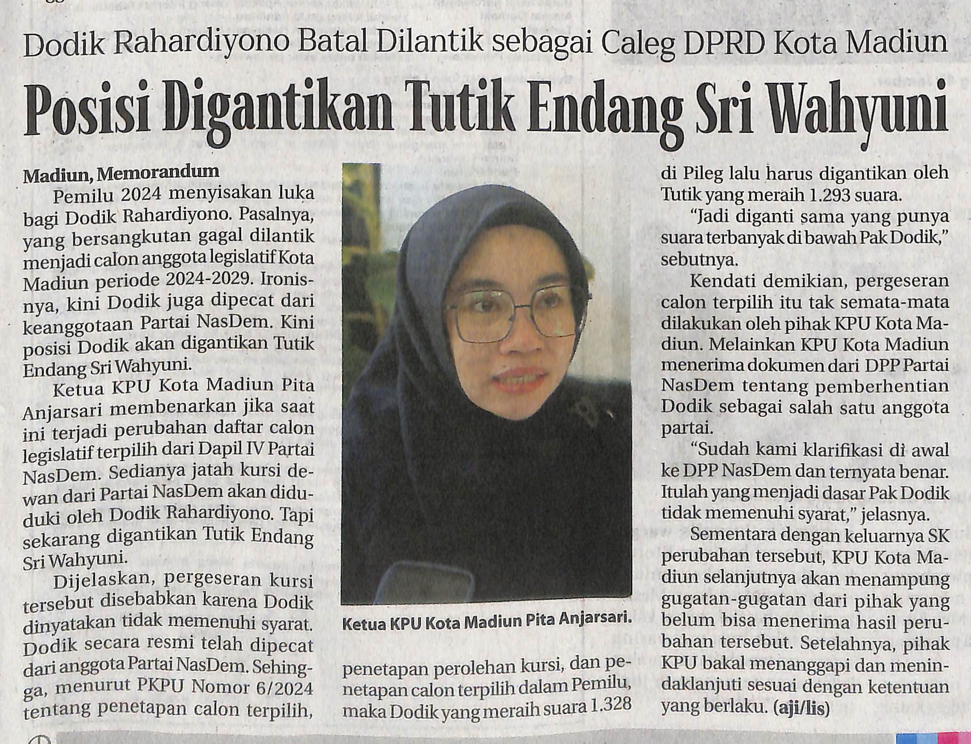 Dodik Rahardiyono Batal Dilantik sebagai Caleg DPRD Kota Madiun, Posisi Digantikan Tutik Endang Sri Wahyuni