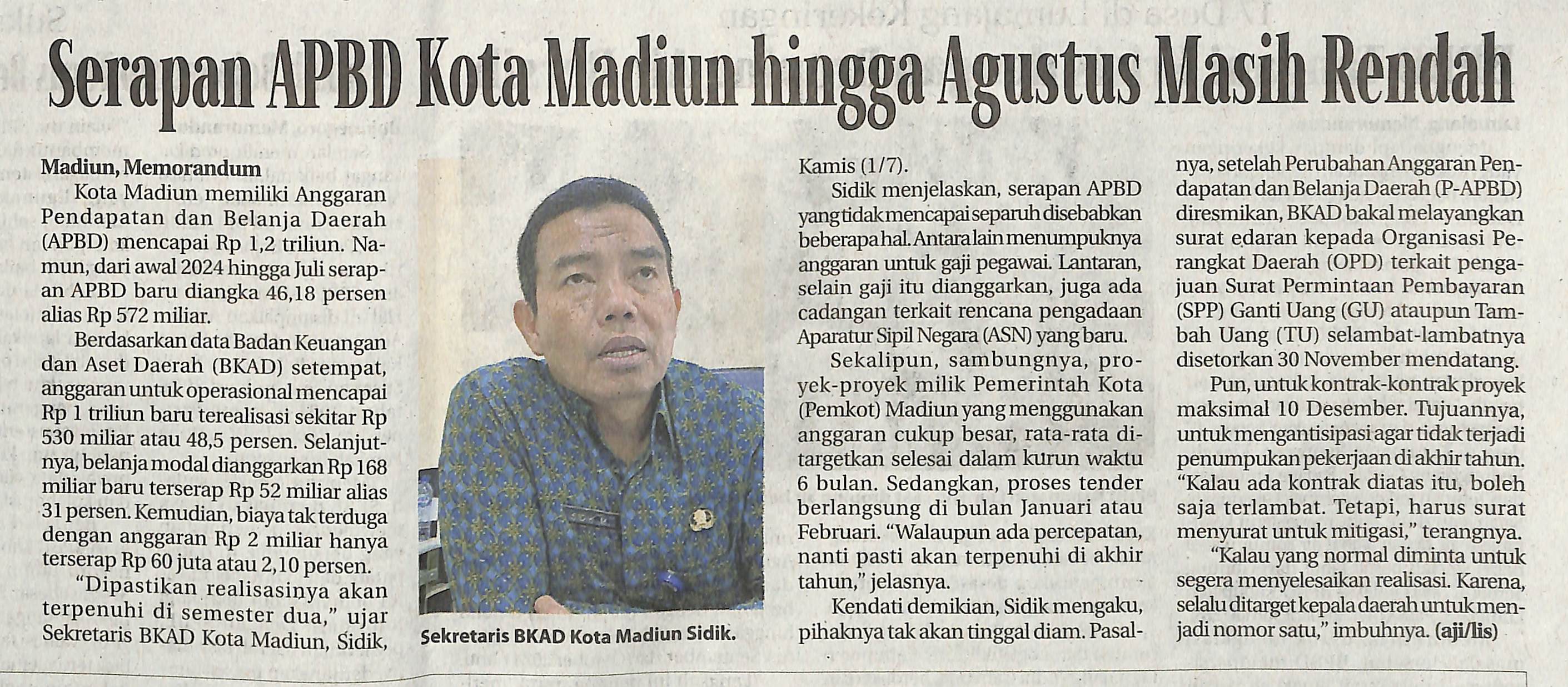 Serapan APBD Kota Madiun hingga Agustus Msaih Rendah