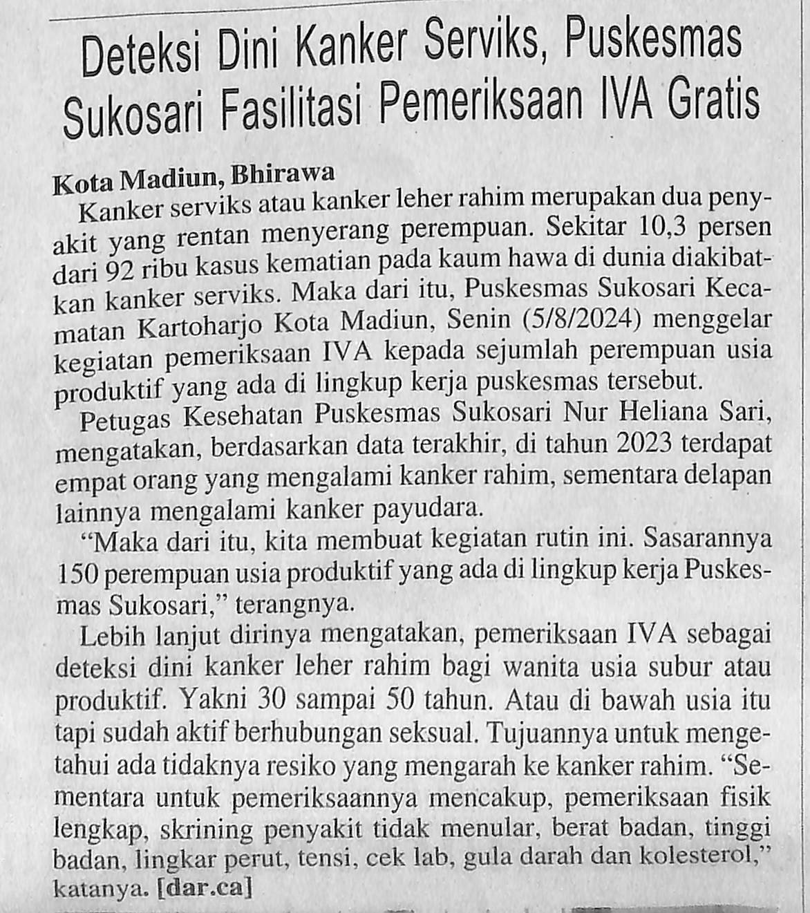 Deteksi Dini Kanker Serviks, Puskesmas Sukosari Fasilitasi Pemeriksaan IVA Gratis
