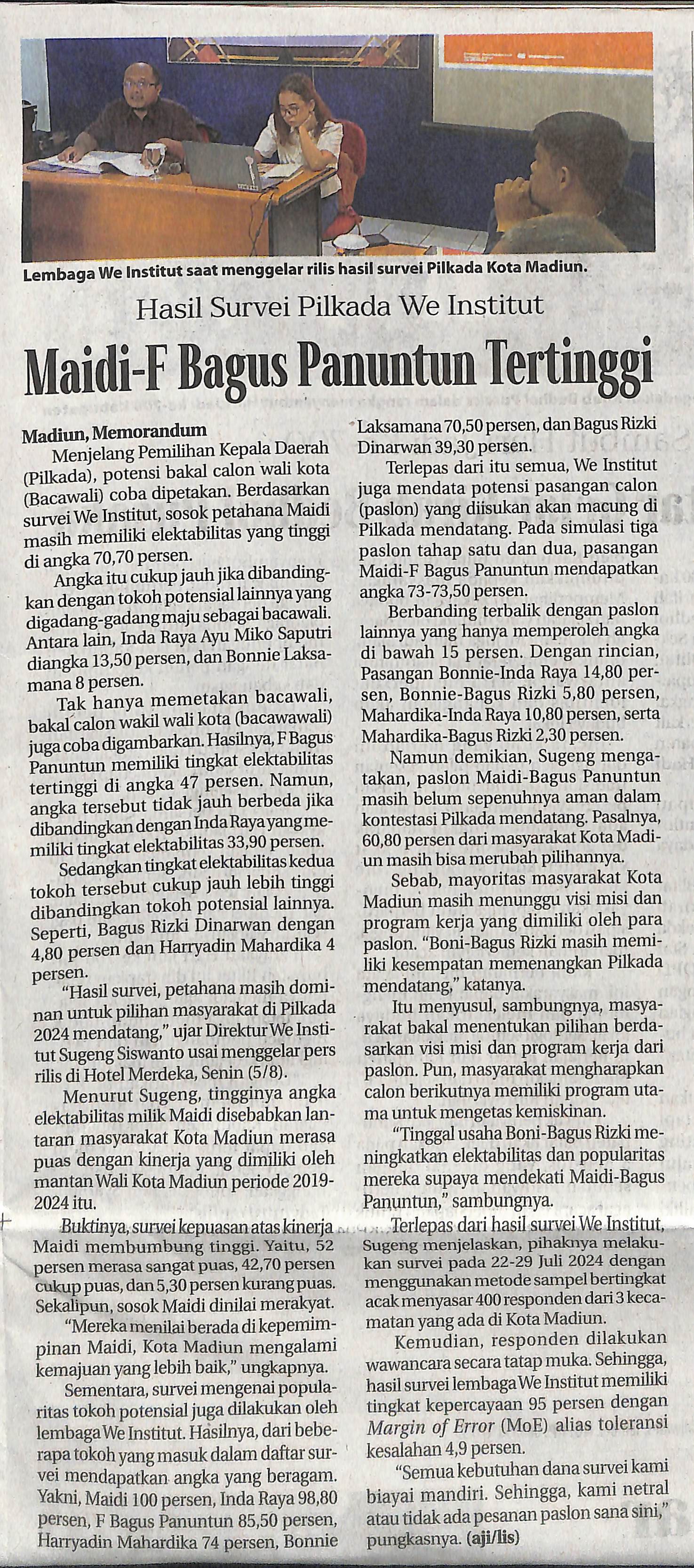 Hasil Survei Pikada We Institut, Maidi-F Bagus Panuntun Tertinggi