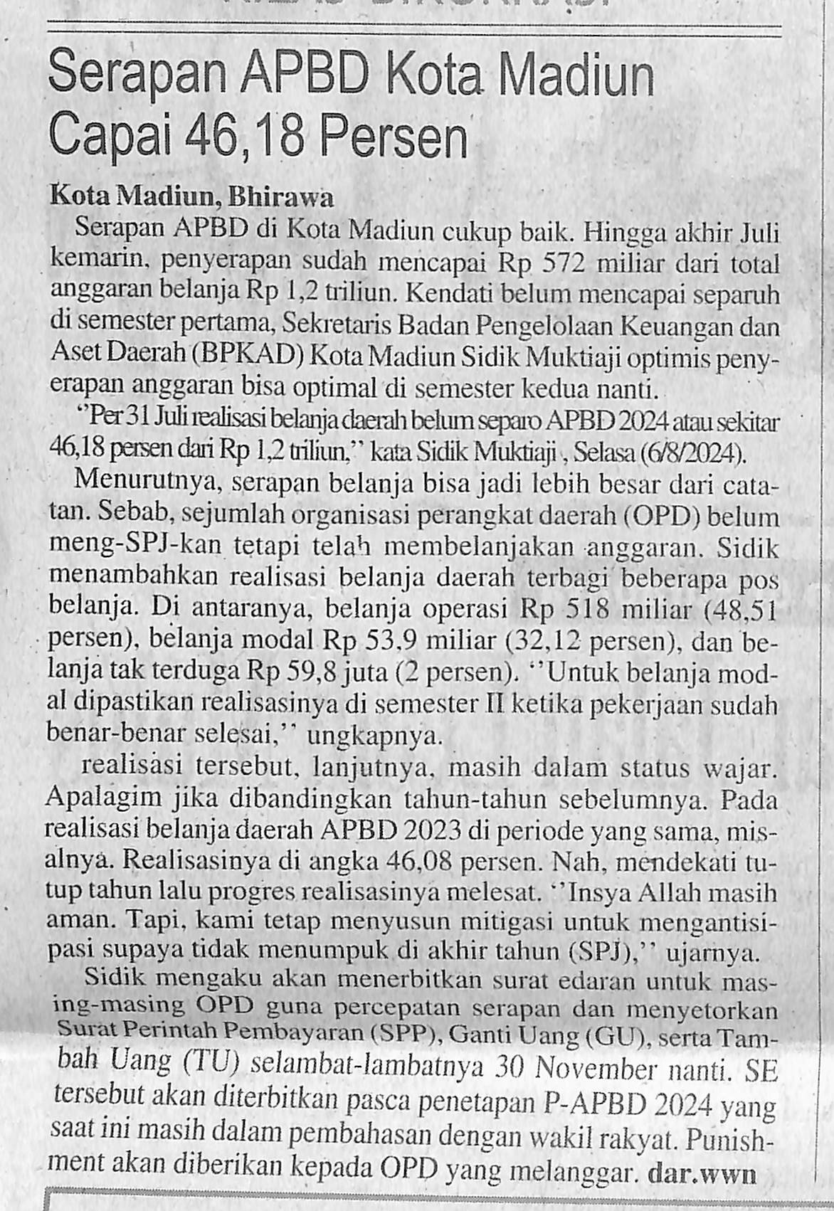 Serapan APBD Kota Madiun capai 46,18 Persen