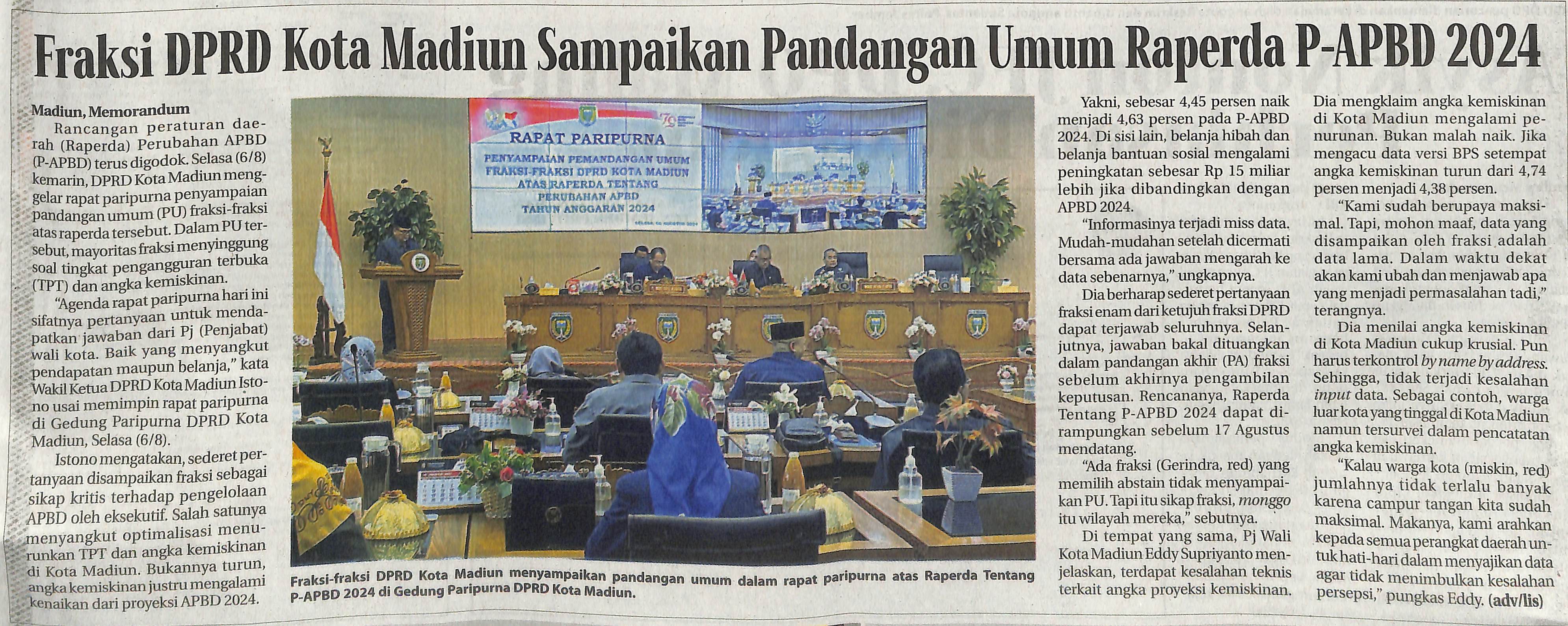 Fraksi DPRD Kota Madiun Sampaikan Pandangan Umum Raperda P-APBD 2024