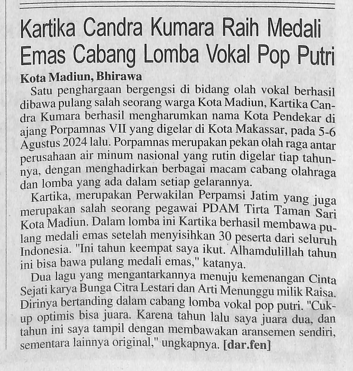 Kartika Candra Kumara Raih Medali Emas Cabang Lomba Vokal Pop Putri