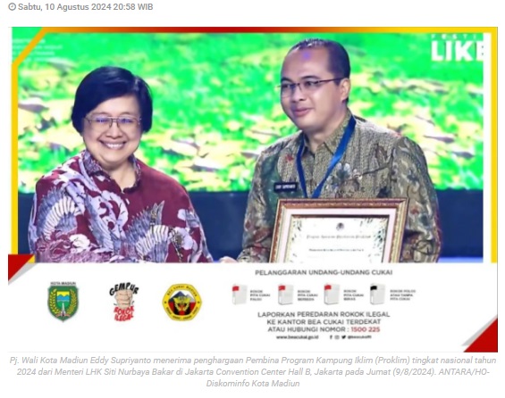 Pj Wali Kota Madiun terima penghargaan Pembina Proklim 2024 dari KLHK