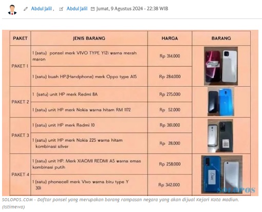 Kejari Kota Madiun Jual 50 Ponsel Rampasan Negara, Harganya Mulai Rp28.000