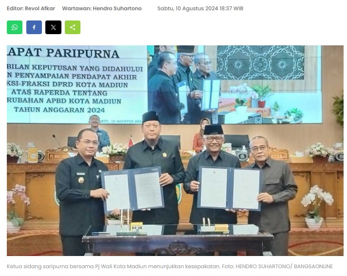 DPRD Setujui Raperda Perubahan APBD Tahun 2024 Kota Madiun