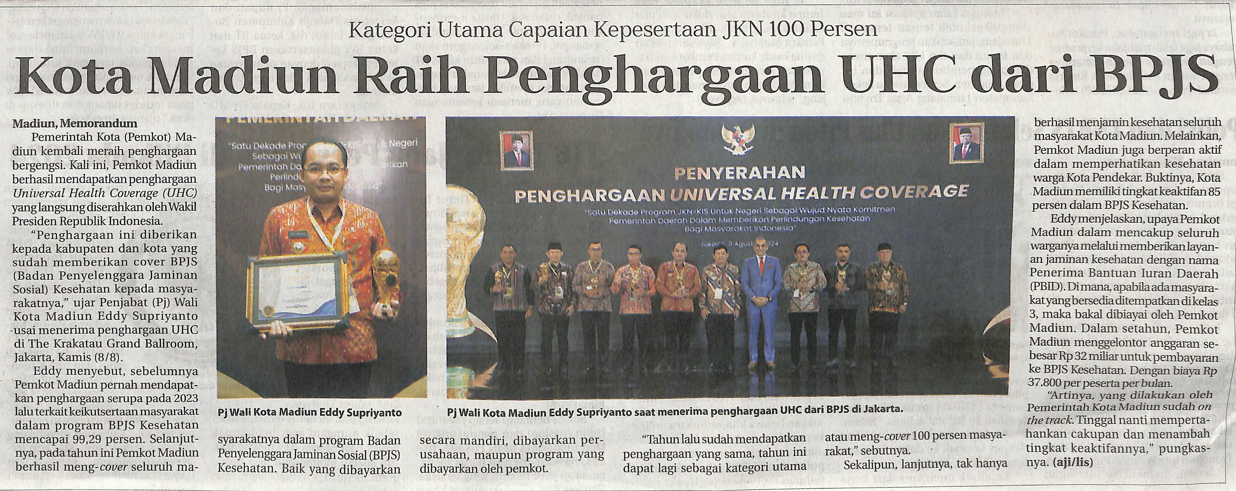 Kategori Utama Capaian Kepesertaan JKN 100 Persen, Kota Madiun Raih Penghargaan UHC dari BPJS
