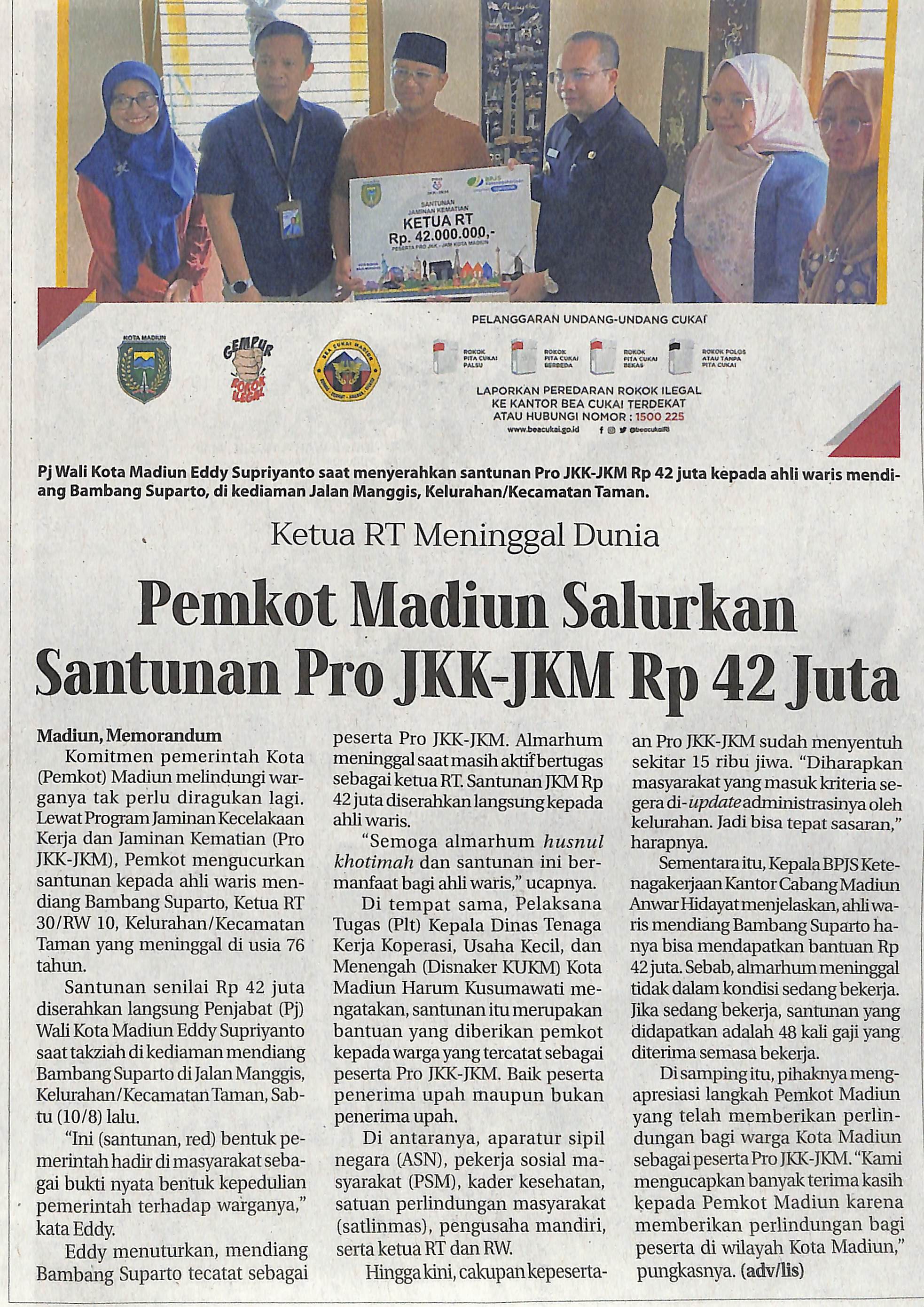 Ketua RT Meninggal Dunia, Pemkot Madiun Salurkan Santunan Pro JKK-JKM Rp 42 Juta