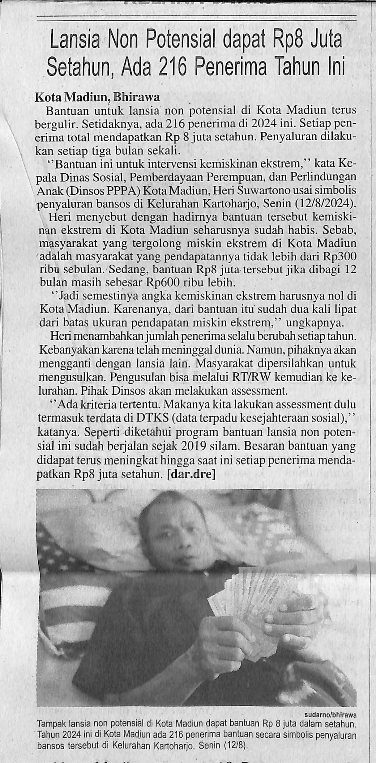 Lansia Non Potensial dapat Rp 8 Juta Setahun, Ada 216 Penerima Tahun Ini