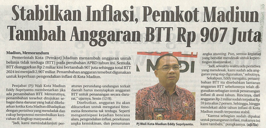 Stabilkan Inflasi, Pemkot Madiun Tambah Anggaran BTT Rp 907 Juta