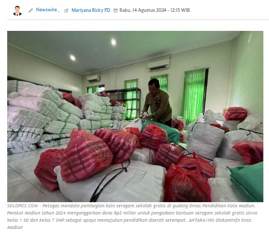 Pemkot Madiun Distribusi Seragam Sekolah Gratis untuk 5.840 Siswa SD dan SMP