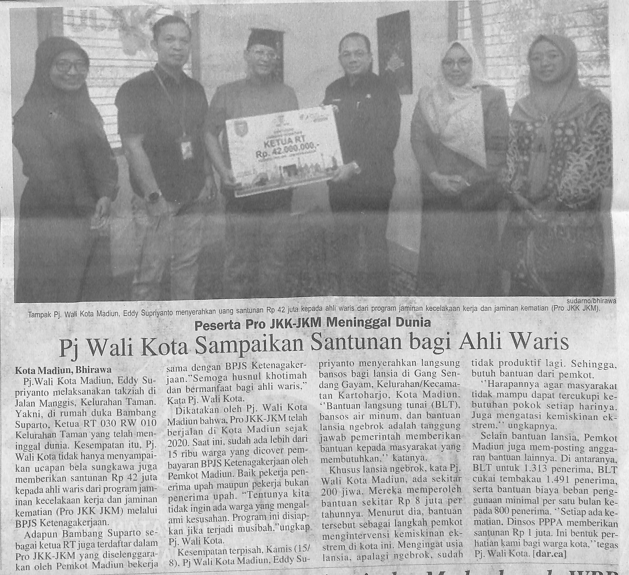 Peserta Pro JKK-JKM Meninggal Dunia, Pj Wali Kota Sampaikan Santunan bagi Ahli Waris