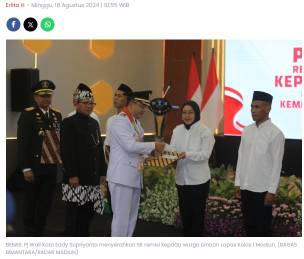 833 Napi Lapas Kelas I Madiun Terima Remisi Hari Kemerdekaan, Empat Warga Binaan Langsung Bebas
