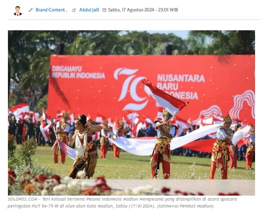 Tarian Kolosal Meriahkan Puncak Peringatan HUT ke-79 RI di Kota Madiun