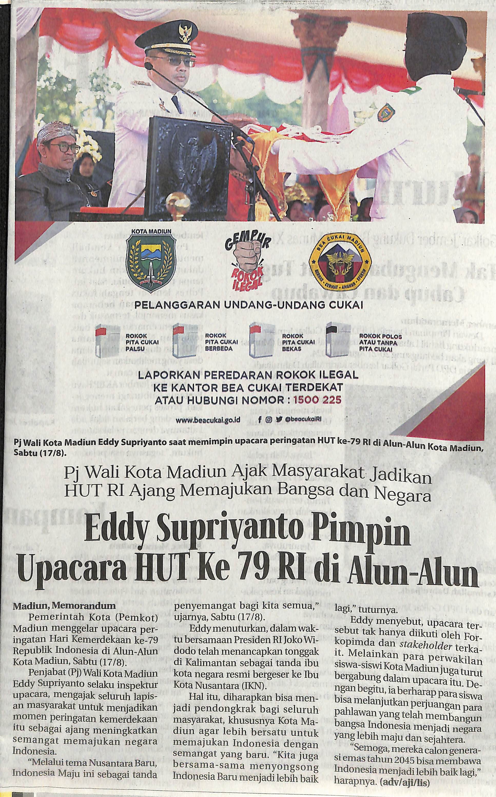 Pj Wali Kota Madiun Ajak Masyarakat Jadikan HUT RI Ajang Memajukan Bangsa dan Negara, Eddy Supriyanto Pimpin Upacara HUT ke-79 RI di Alun-Alun
