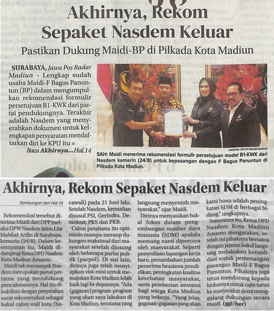 Akhirnya, Rekom Sepaket Nasdem Keluar, Pastikan Dukung Maidi-BP di Pilkada Kota Madiun