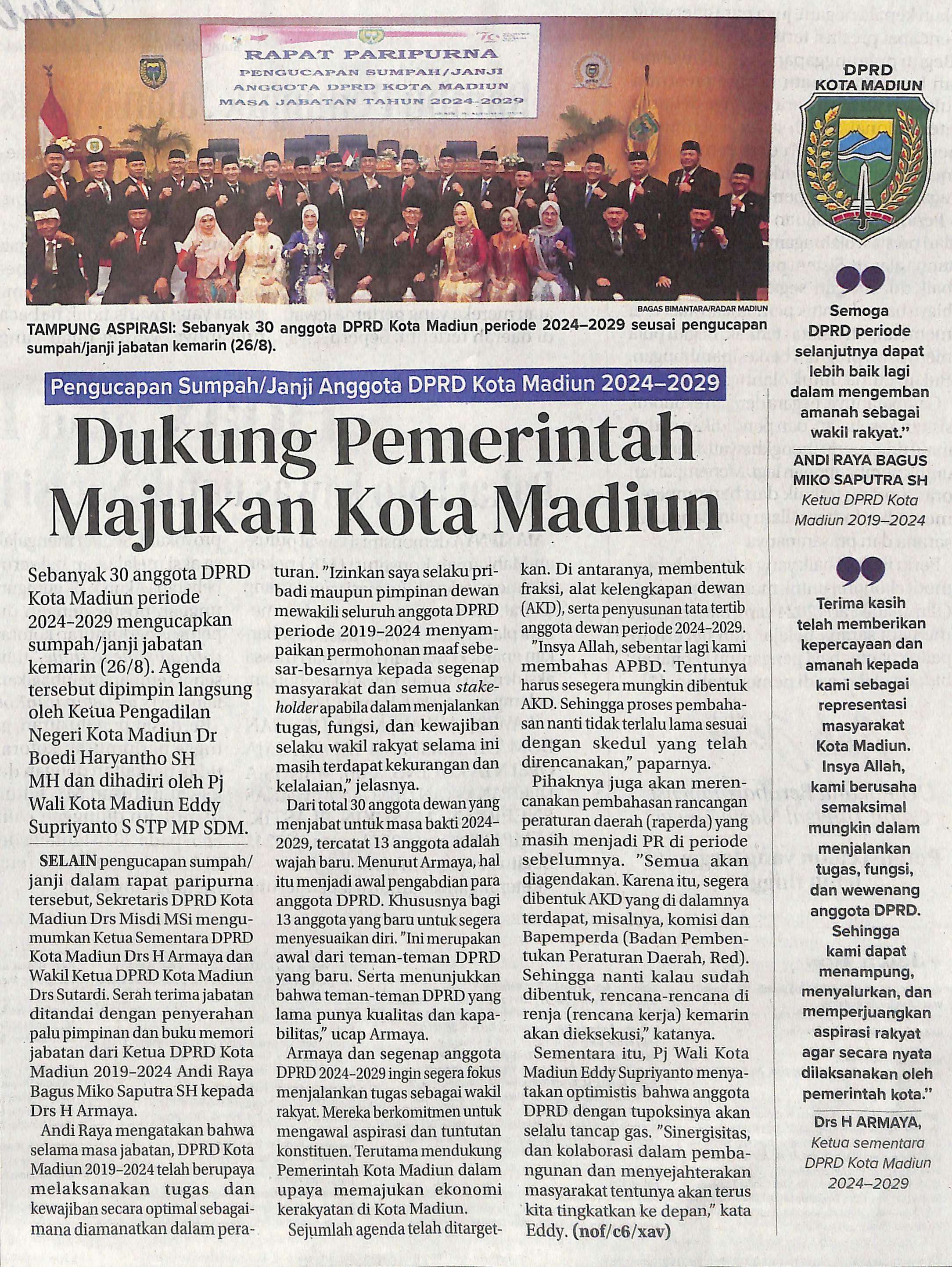 Pengucapan Sumpah atau Janji Anggota DPRD Kota Madiun 2024-2029