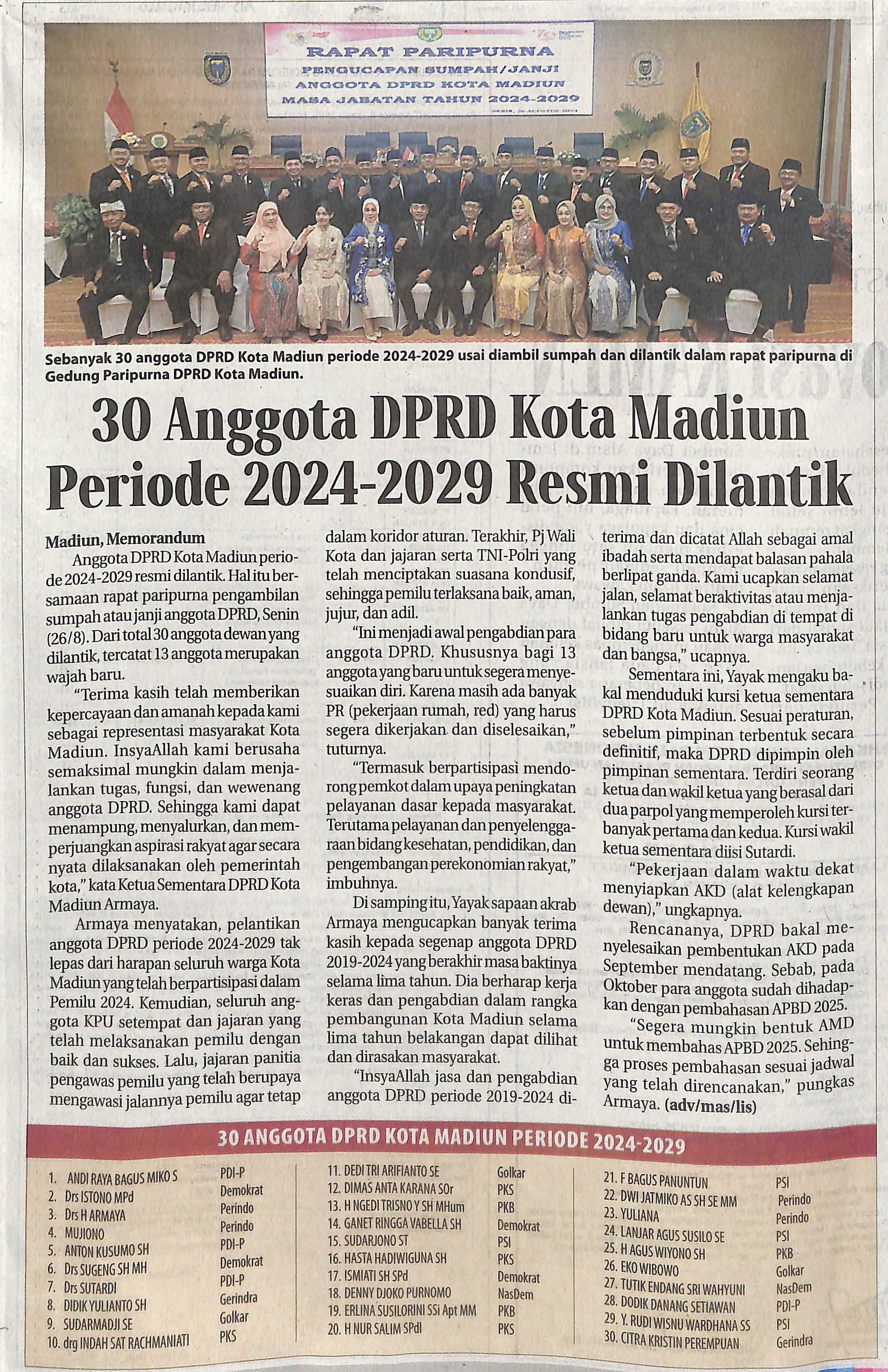 30 Anggota DPRD Kota Madiun Periode 2024-2029 Resmi Dilantik