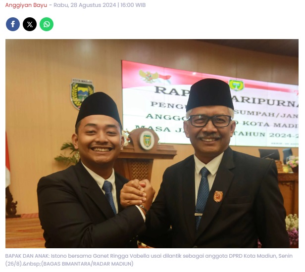 Bapak-Anak Dilantik Jadi Anggota DPRD Kota Madiun, Istono: Upaya Regenerasi