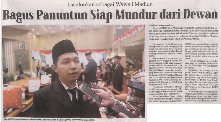 Dicalonkan Sebagai Wawali Madiun, Bagus Panuntun Siap Mundur dari Dewan