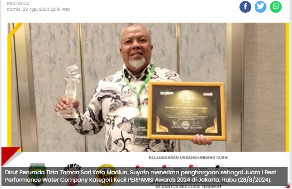 Kinerja Terbaik, Perumda Tirta Taman Sari Kota Madiun Raih Perpamsi Award